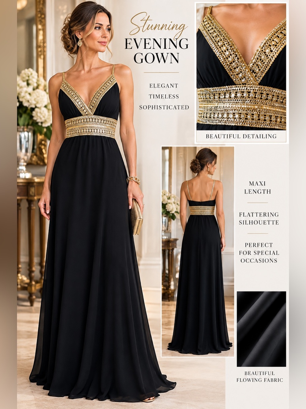 Betsy & Adam Black Strapless Evening Gown with Gold Beaded Waist